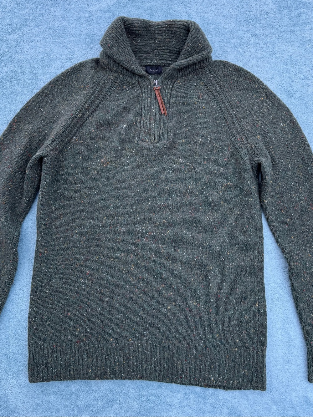 Vintage J. Crew Dark Green Speckled Half-Zip Shawl Collar Wool Blend Sweater Med